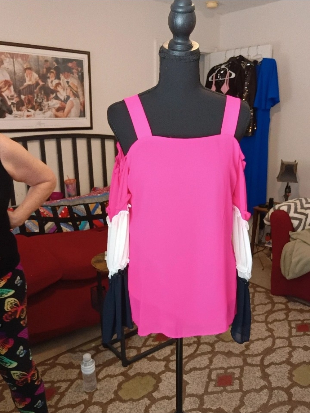 Coco Bianco Hot Pink Cold-Shoulder Blouse with Contrast Sleeve Panels